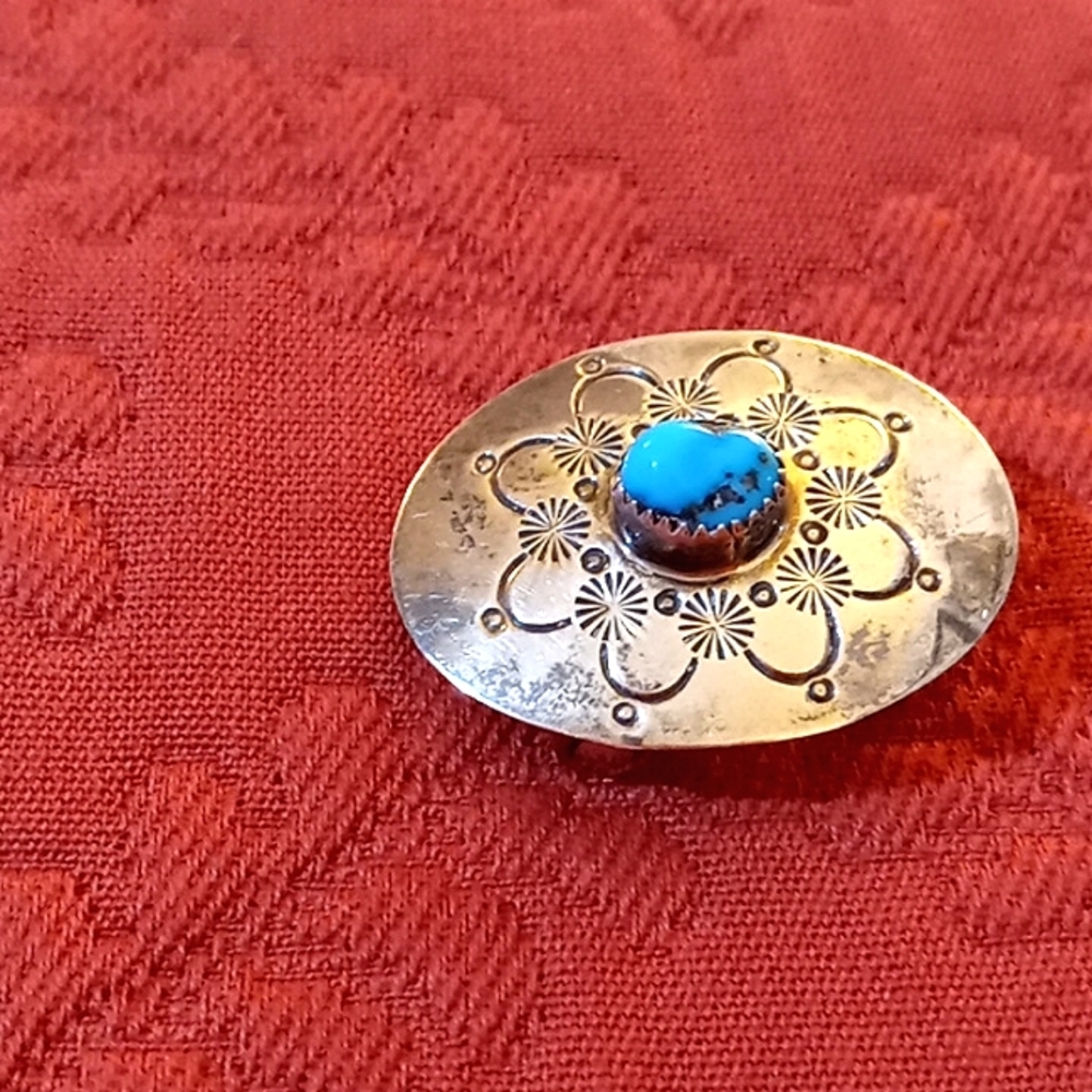 Vintage Native American Sterling and Turquoise Belt Buckle